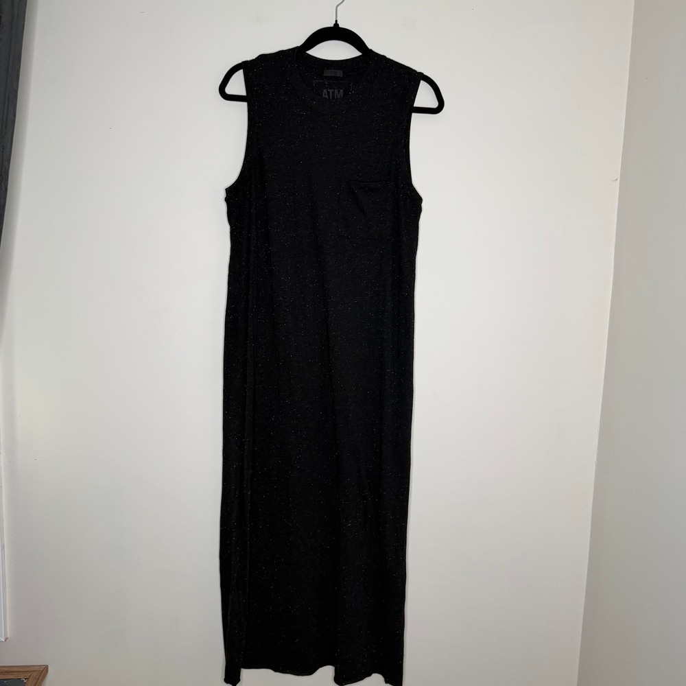 ATM Anthony Thomas Melillo Sleeveless Pocket Maxi Dress Black Fleck Women Size L